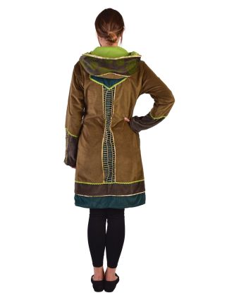 Kaki-zeleno-smaragdový zamatový kabátik s kapucňou, patchwork a Chakra tlač