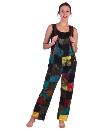 Nohavice s trakmi, vrecká, multifarebný patchwork, stonewash