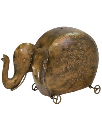 Pokladnička slon na kolieskach, mosadzná patina, kov, 48x17x32cm