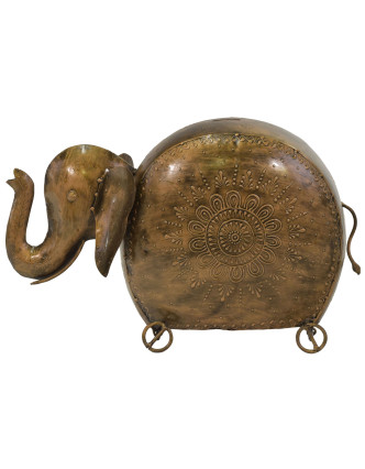Pokladnička slon na kolieskach, mosadzná patina, kov, 48x17x32cm
