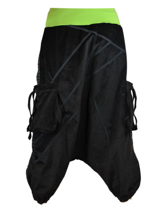 Dlhé manšestrové turecké nohavice, čierno-zelené, Chakra tlač a výšivka, vrecká