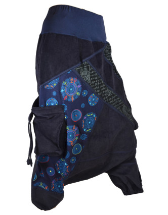 Dlhé manšestrové turecké nohavice, tmavo modré, Chakra tlač a výšivka, vrecká