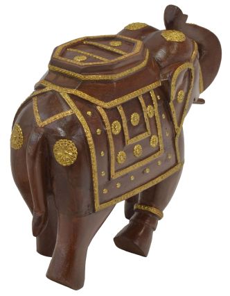 Drevený slon zdobený mosadzným kovaním, 33x13x29cm