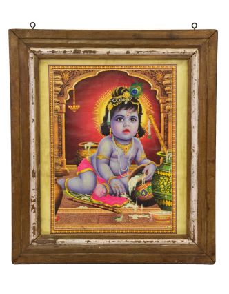 Starý obraz hinduistického božstva v teakovom ráme pod sklom, Krišna, 53x3x60cm