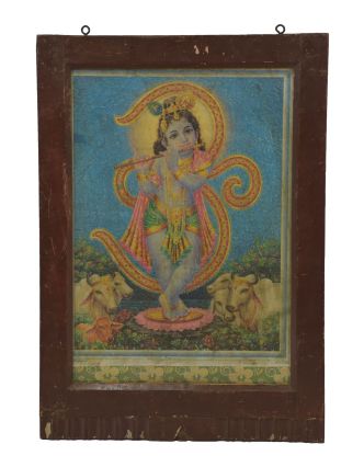 Starý obraz hinduistického božstva v teakovom ráme pod sklom, Krišna, 43x3x63cm