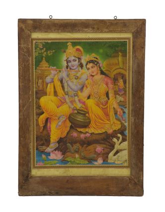 Starý obraz hinduistického božstva v teakovom ráme, Krišna a Radha ,, 42x2x60cm