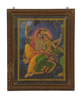 Starý obraz hinduistického božstva v teakovom ráme, Krišna a Radha, 48x2x59cm