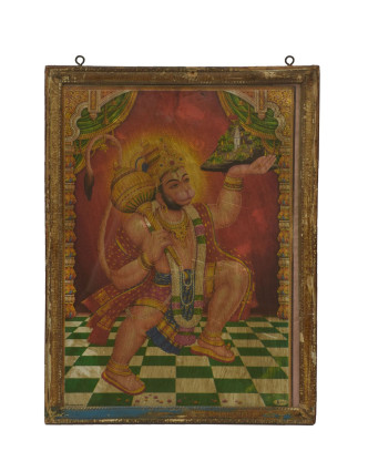 Starý obraz hinduistického božstva v teakovom ráme pod sklom, Hanuman, 29x2x38cm