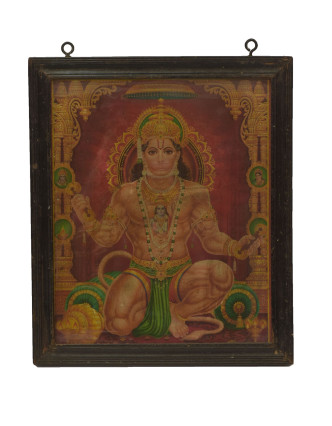 Starý obraz hinduistického božstva v teakovom ráme pod sklom, Hanuman, 29x2x34cm