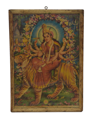 Starý obraz hinduistického božstva v teakovom ráme Durga, 27x2x37cm