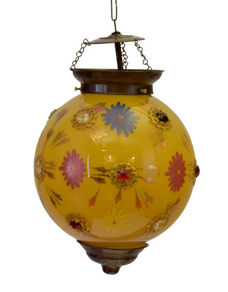 Guľatá sklenená lampa zdobená farebnými kameňmi, žltá, ručné práce, 25x35cm