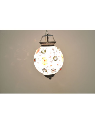Guľatá sklenená lampa zdobená farebnými kameňmi, biela, ručné práce, 25x35cm