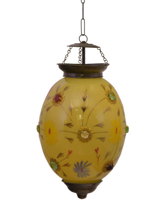 Oválna sklenená lampa zdobená farebnými kameňmi, žltá, 25x25x35cm