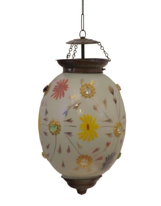 Oválna sklenená lampa zdobená farebnými kameňmi, biela, 25x25x35cm