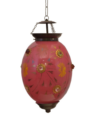 Oválna sklenená lampa zdobená farebnými kameňmi, ružová, 25x25x35cm