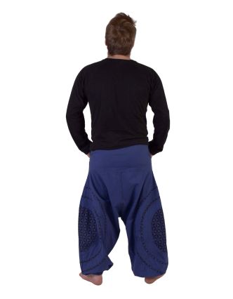 Dlhé turecké nohavice, modro-čierne, potlač, vrecká, pružný pás