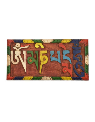Drevená Tabuľka s nápisom Om Mani Padma Hum, farebne maľovaný, 22x11cm