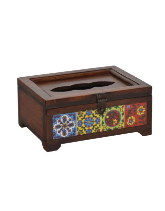 Drevená krabica na vreckovky zdobená keramickými dleždicemi, 22x16x10cm