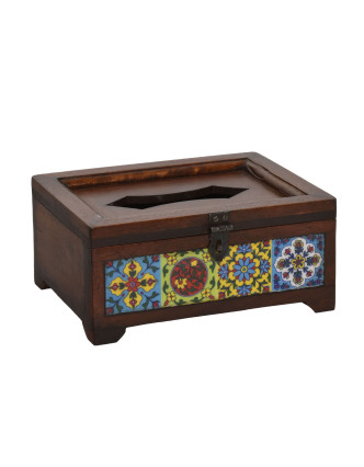 Drevená krabica na vreckovky zdobená keramickými dleždicemi, 22x16x10cm