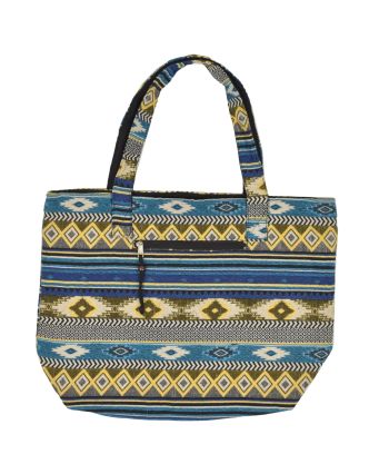 Veľká taška, modro-žltá, Aztec dizajn, 2 malé vnútorné vrecká, zips, 51x39cm + 29cm