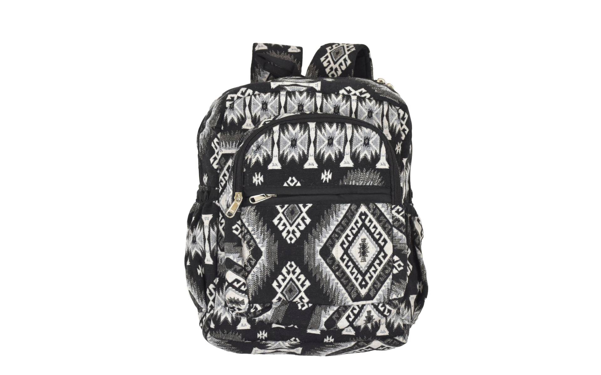 Batoh s Azteckým vzorom na zips čierno-biely s vreckami, nastaviteľné popruhy