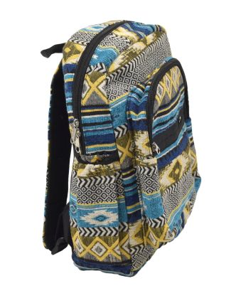 Batoh s Azteckým vzorom na zips modro-žltý s vreckami, nastaviteľné popruhy