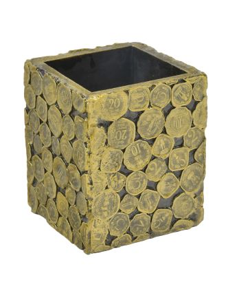 Drevená krabička na ceruzky zdobená mincami, 10x10x13cm