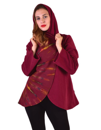Vínový fleecový kabát s kapucňou zapínanie na gombík, dve vrecká, batika