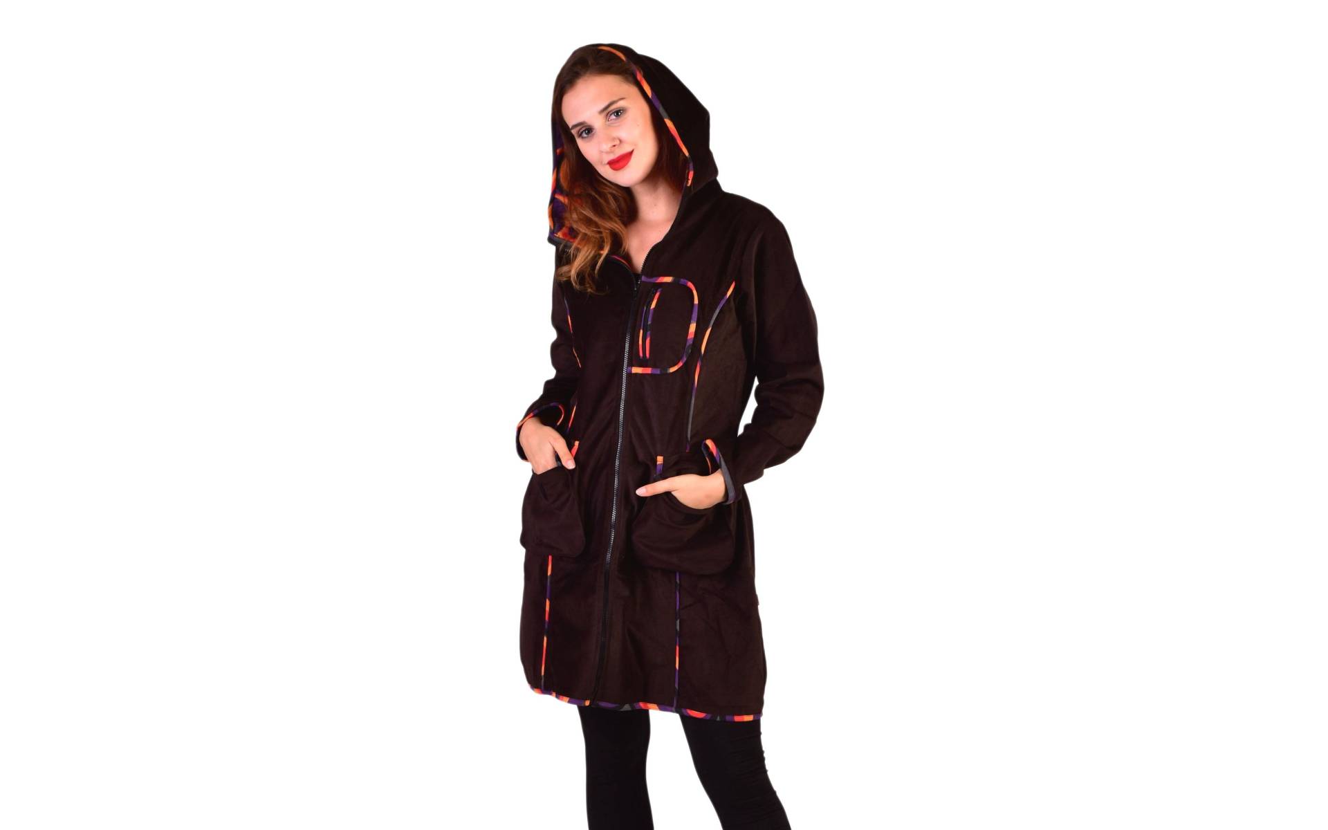 Hnedý manžestrový kabátik s kapucňou, oranžové lemovanie, tri vrecká, bez podšívky