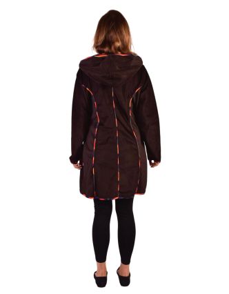 Hnedý manžestrový kabátik s kapucňou, oranžové lemovanie, tri vrecká, bez podšívky