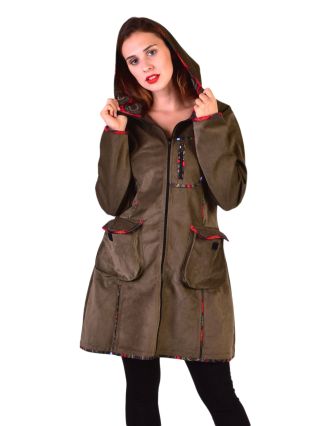 Kaki manžestrový kabátik s kapucňou, červené lemovanie, tri vrecká, bez podšívky