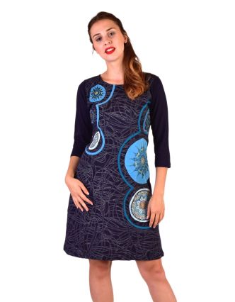 Krátke šaty s 3/4 rukávom, modré, potlač a výšivka Mandal, okrúhly výstrih