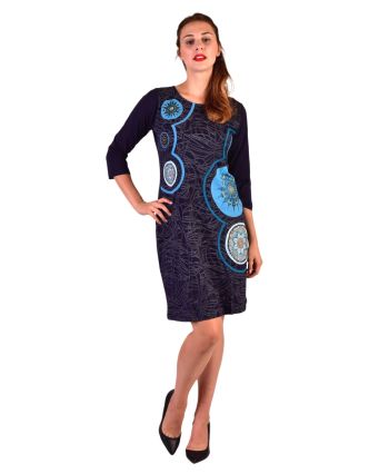 Krátke šaty s 3/4 rukávom, modré, potlač a výšivka Mandal, okrúhly výstrih