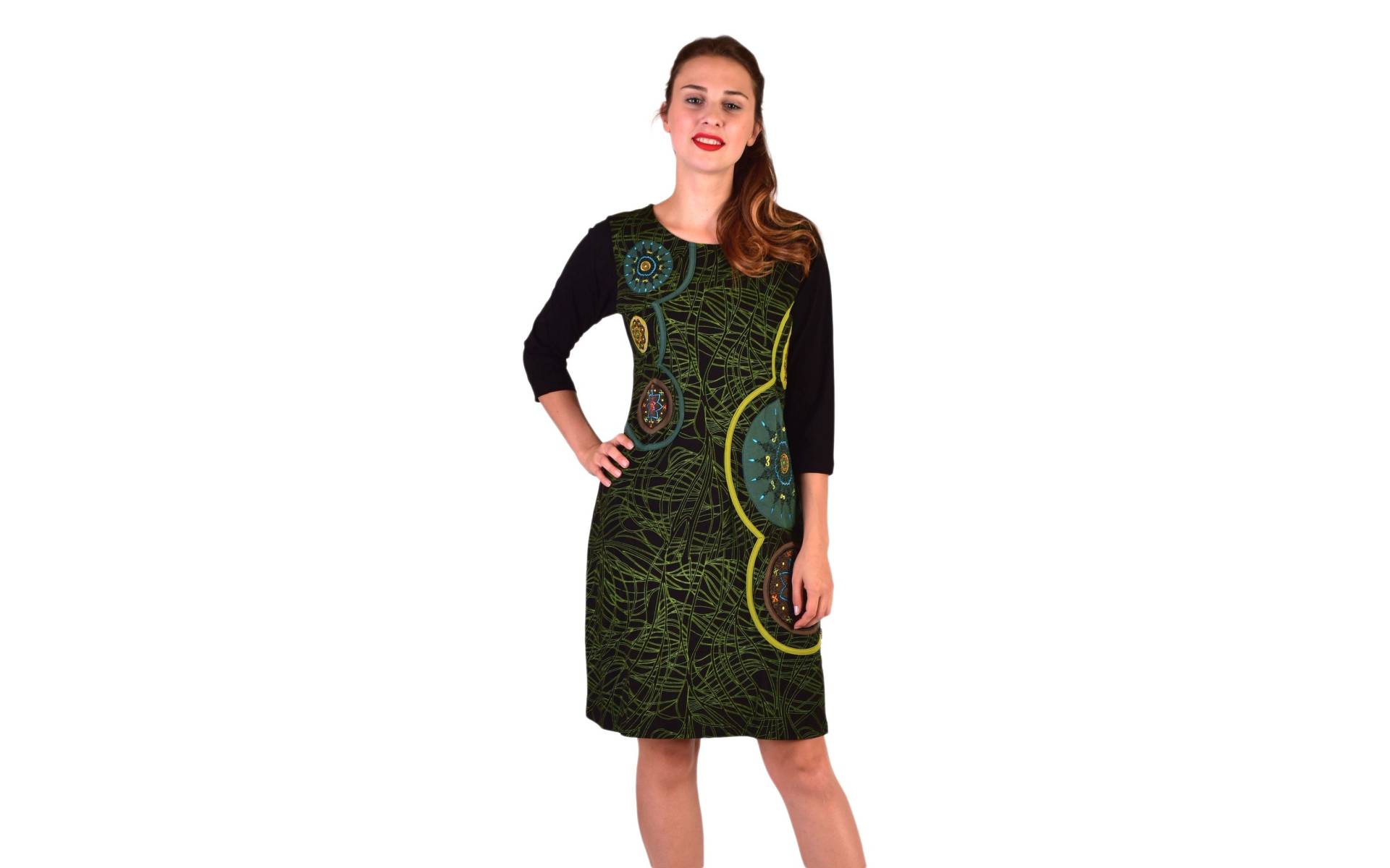 Krátke šaty s 3/4 rukávom, čierno-zelené, potlač a výšivka Mandal, okrúhly výstrih