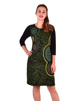 Krátke šaty s 3/4 rukávom, čierno-zelené, potlač a výšivka Mandal, okrúhly výstrih