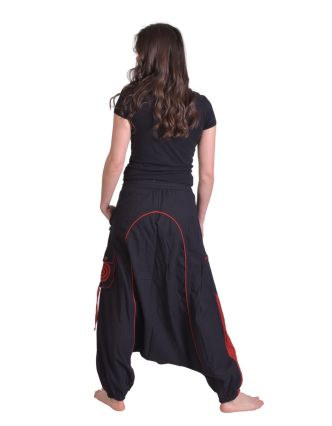 Dlhé turecké nohavice, čierno-červené, špirála, vrecká, pružný pás