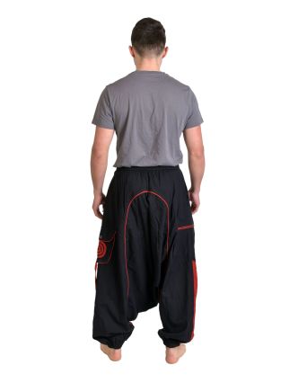Dlhé turecké nohavice, čierno-červené, špirála, vrecká, pružný pás