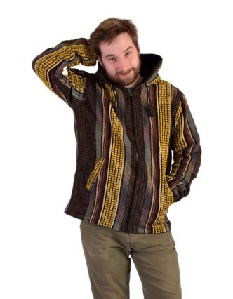 Unisex nepálska Ghar bunda s kapucňou, žltá, podšívka fleece, zapínanie na zips