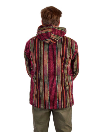 Unisex nepálska ghari bunda s kapucňou, červená, podšívka fleece, zapínanie na zips
