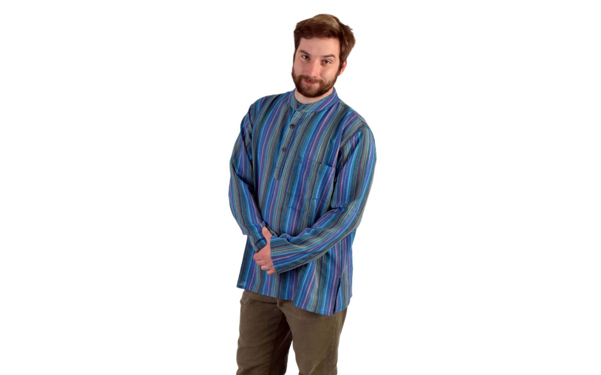 Pruhovaná pánska košeľa-kurta s dlhým rukávom a vreckom, modro-fialová