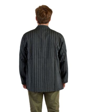 Pruhovaná pánska košeľa-kurta s dlhým rukávom a vreckom, čierno šedá