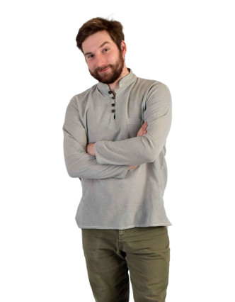 Jednofarebná pánska košeľa-kurta s dlhým rukávom a kapsičkou, sivá