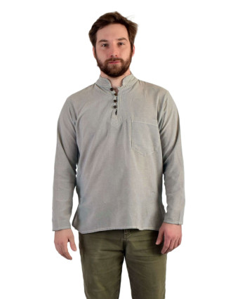 Jednofarebná pánska košeľa-kurta s dlhým rukávom a kapsičkou, sivá