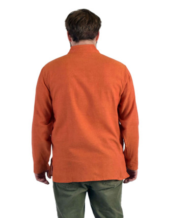 Jednofarebná pánska košeľa-kurta s dlhým rukávom a vreckom, oranžová
