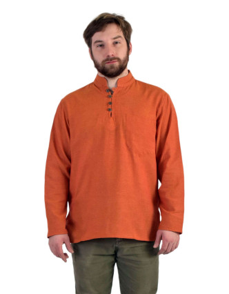 Jednofarebná pánska košeľa-kurta s dlhým rukávom a vreckom, oranžová