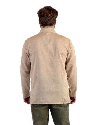 Jednofarebná pánska košeľa-kurta s dlhým rukávom a vreckom, béžová