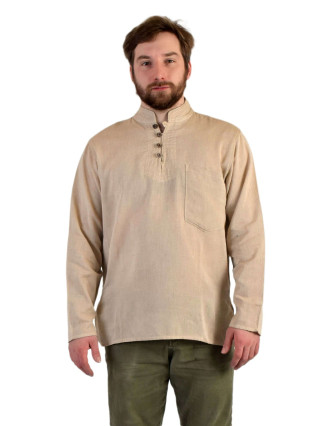 Jednofarebná pánska košeľa-kurta s dlhým rukávom a vreckom, béžová