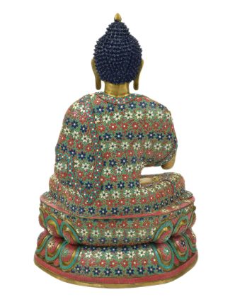 Budha, kovová soška vykladaná polodrahokamami, 60x50x97cm