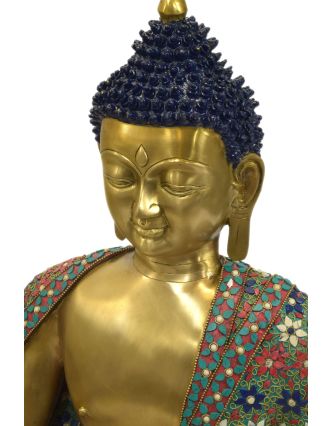 Budha, kovová soška vykladaná polodrahokamami, 60x50x97cm