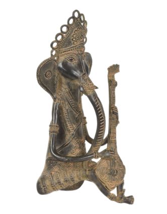Ganeš hrajúci na sitar, Tribal Art, mosadzná socha, 14x15x29cm